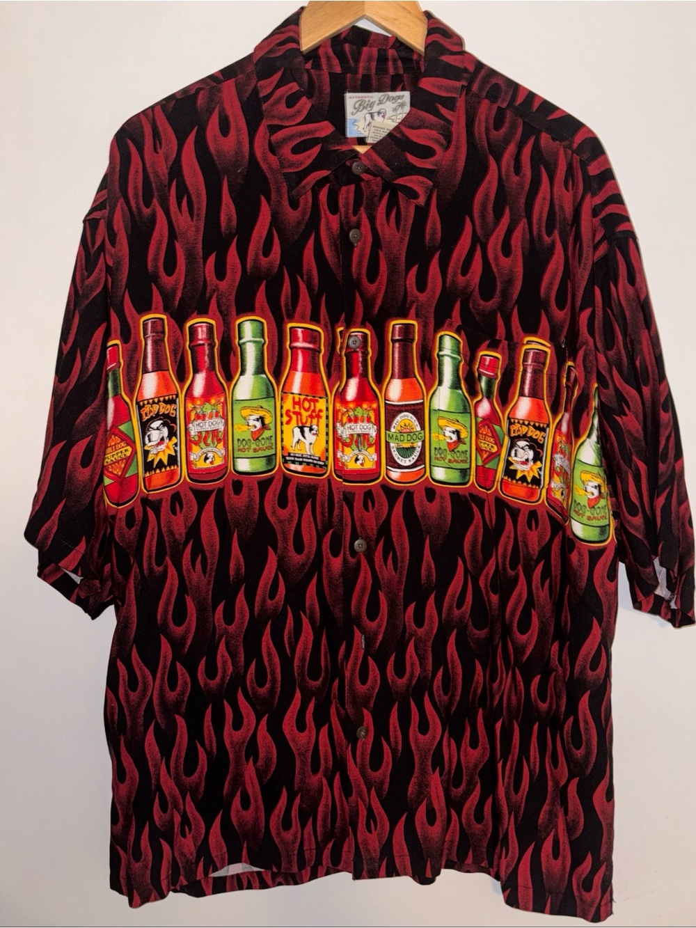 Vintage BIG DOGS Shirt Adult XL Red Black Flames All Over Print HOT SAUCE